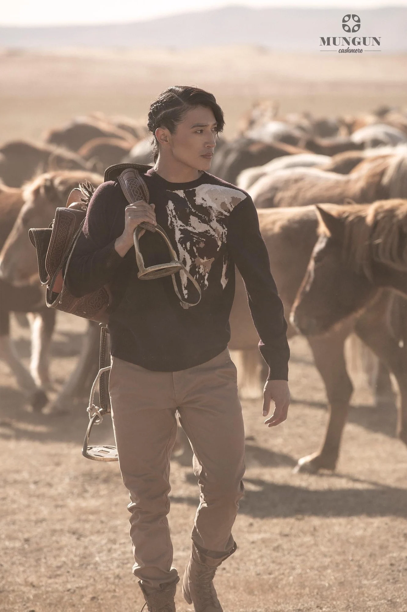 Ochir in a Mungun Cashmere campaign on the steppe