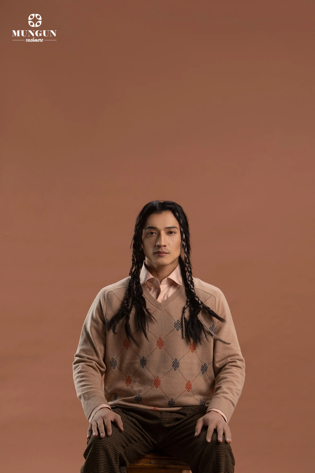 Ochir in a studio fashion photograph for Mungun Cashmere