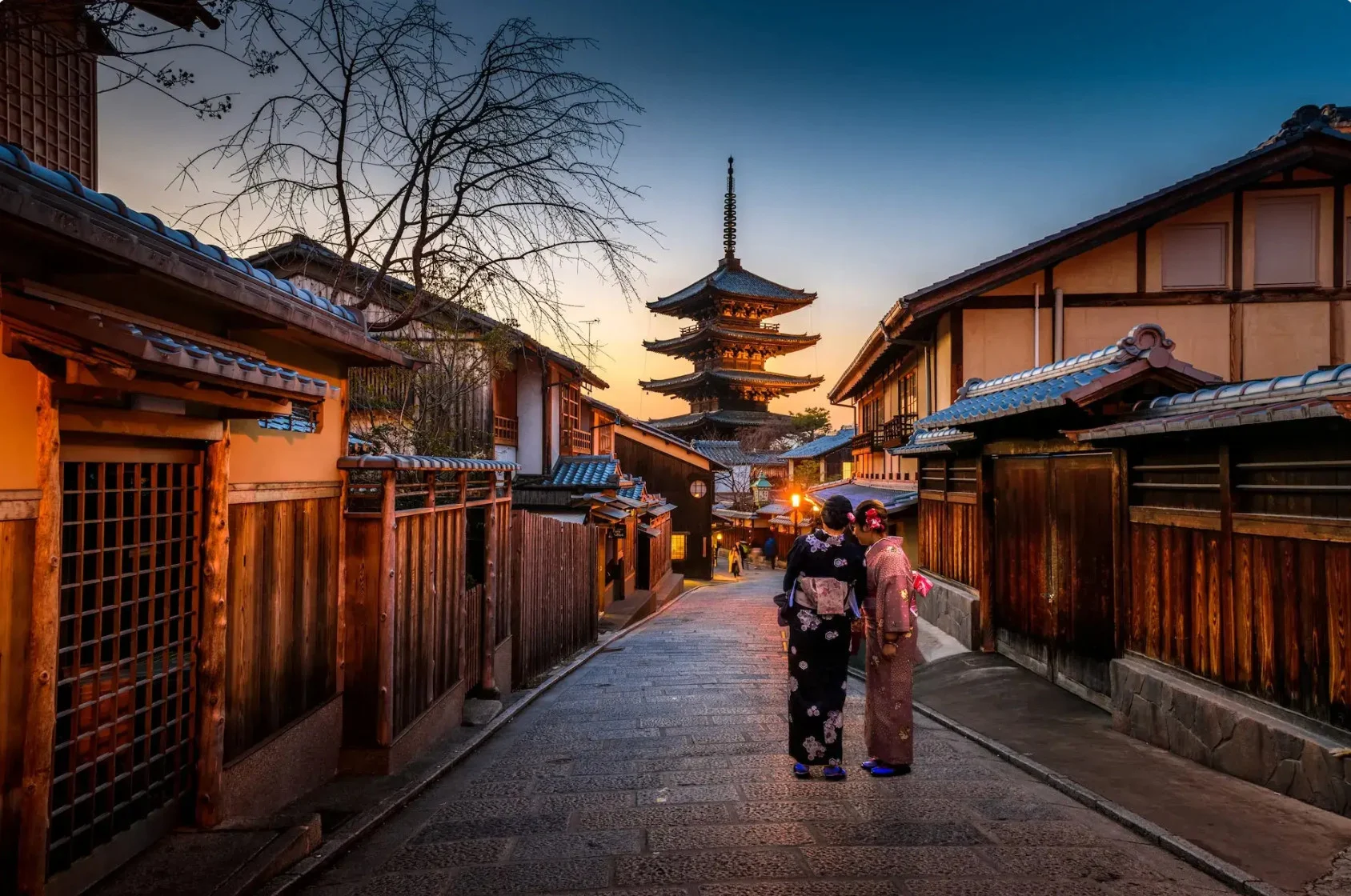 A traditional Kyoto street and pagoda at sunset