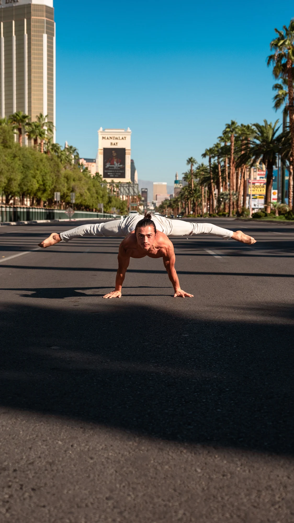 Ochir holding a handstand in the streets of Las Vegas